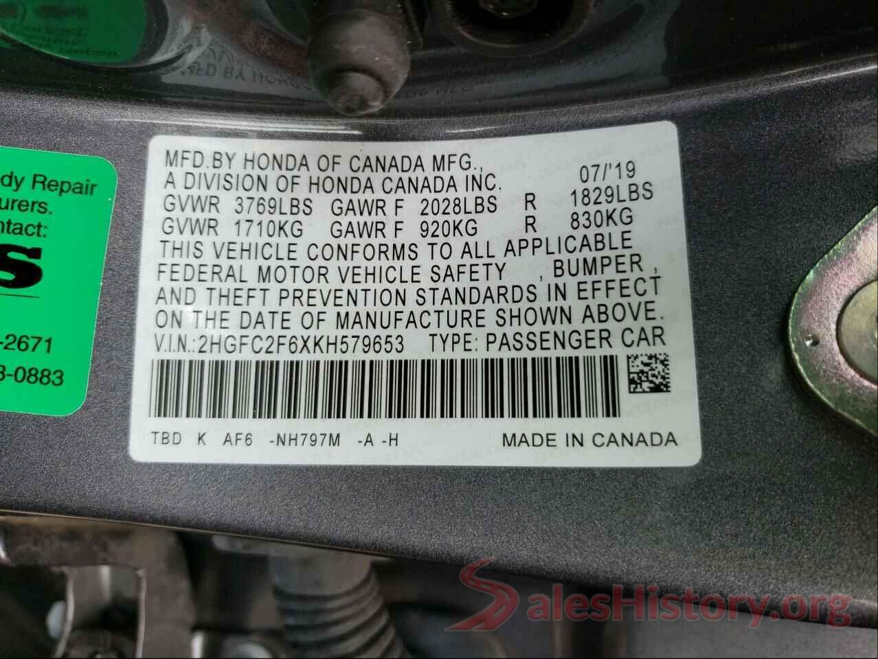 2HGFC2F6XKH579653 2019 HONDA CIVIC