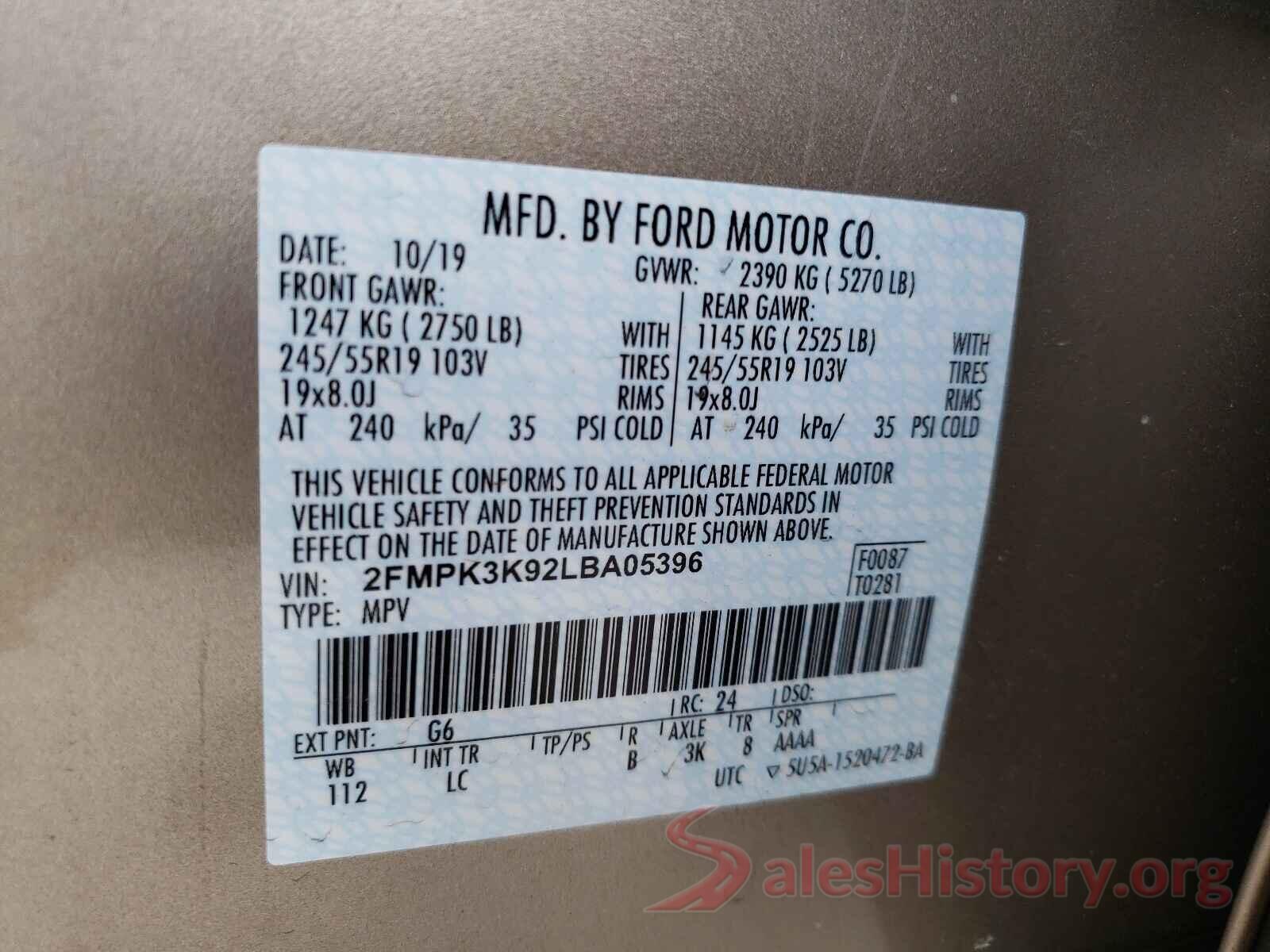 2FMPK3K92LBA05396 2020 FORD EDGE