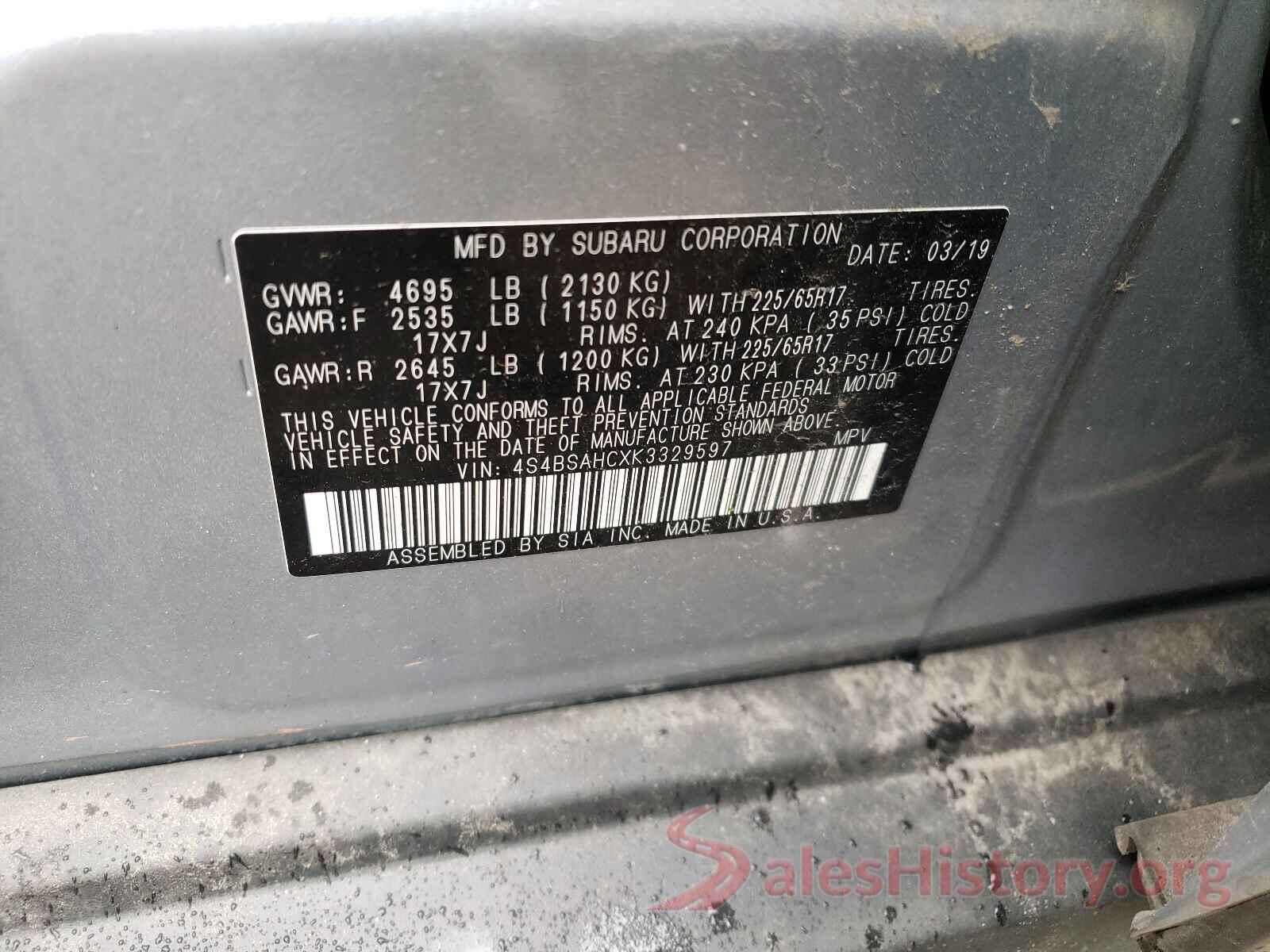 4S4BSAHCXK3329597 2019 SUBARU OUTBACK