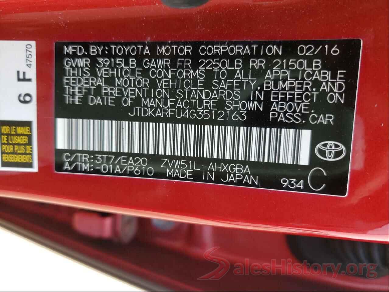 JTDKARFU4G3512163 2016 TOYOTA PRIUS