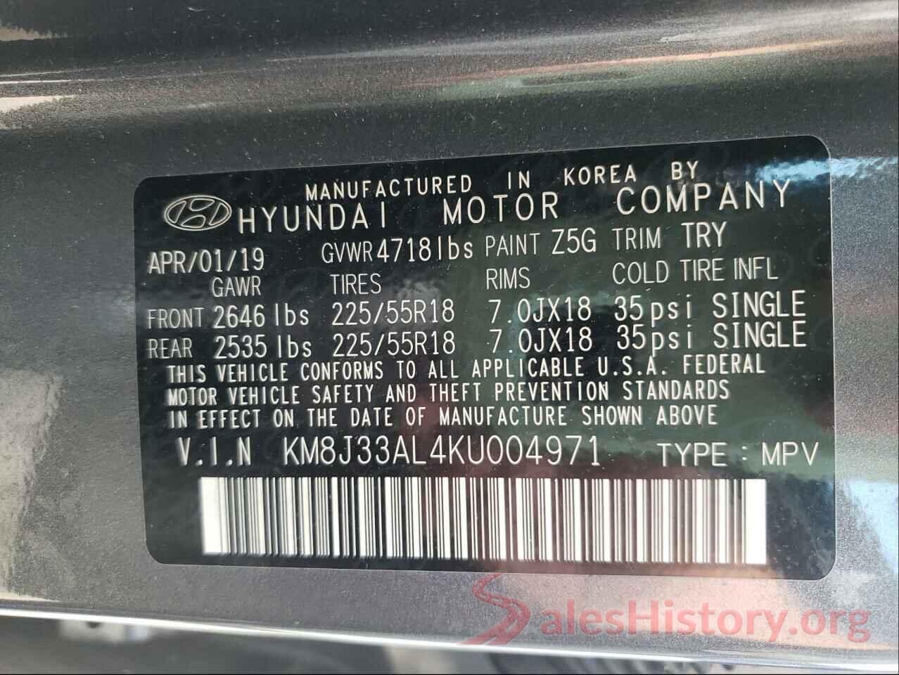 KM8J33AL4KU004971 2019 HYUNDAI TUCSON