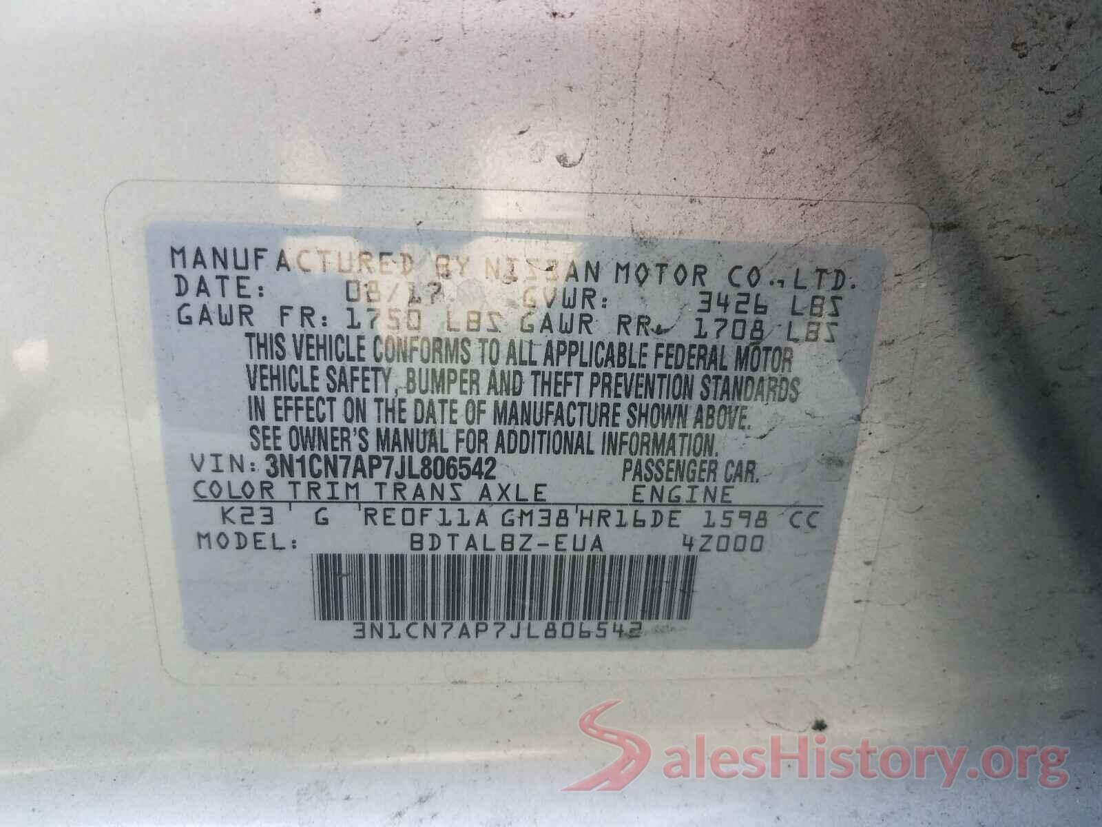 3N1CN7AP7JL806542 2018 NISSAN VERSA