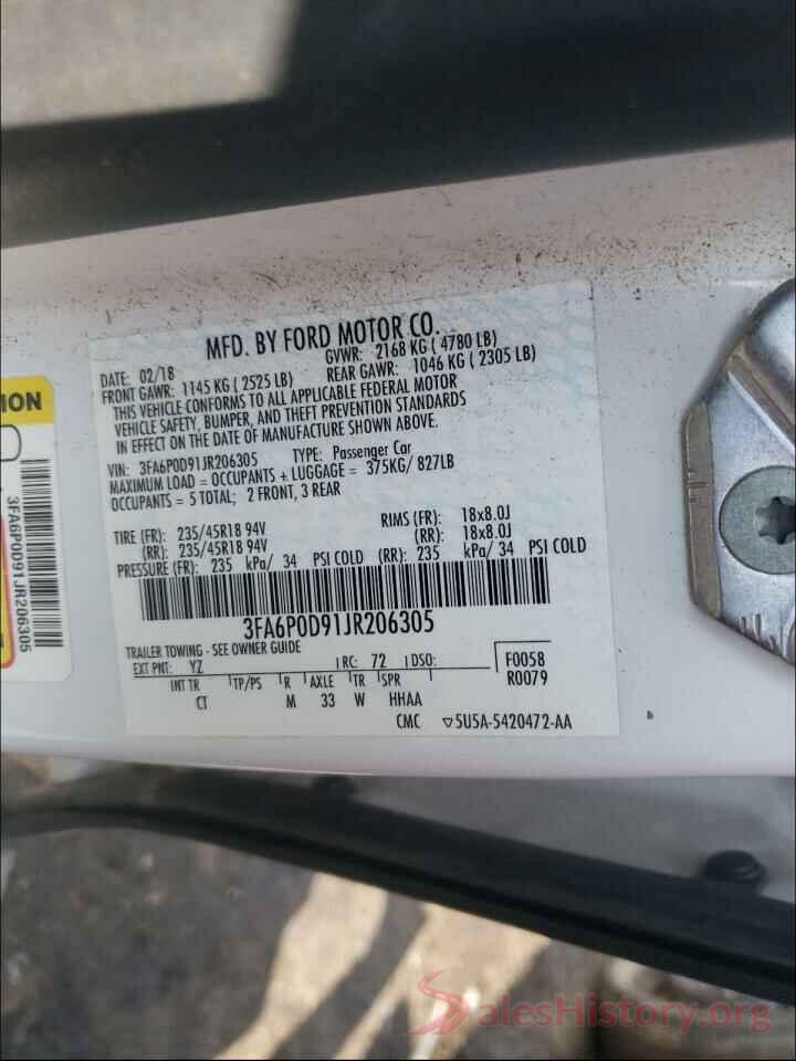 3FA6P0D91JR206305 2018 FORD FUSION