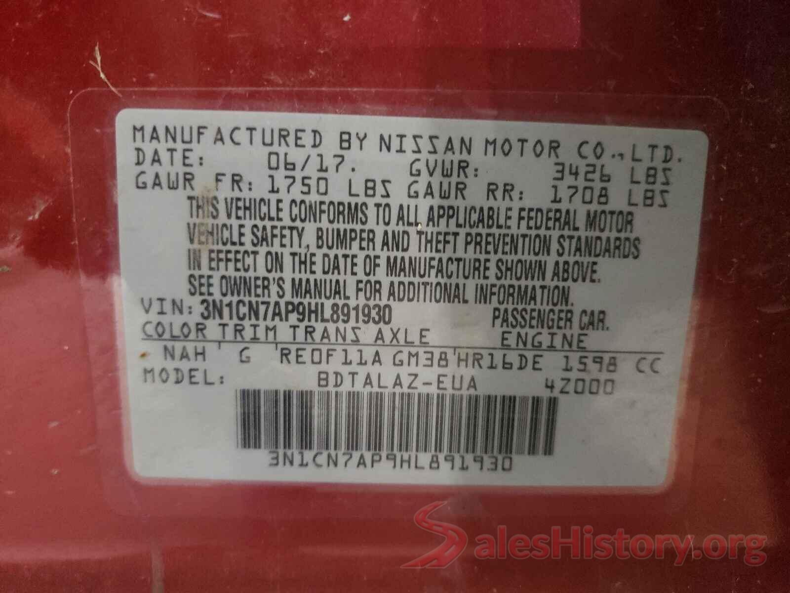 3N1CN7AP9HL891930 2017 NISSAN VERSA