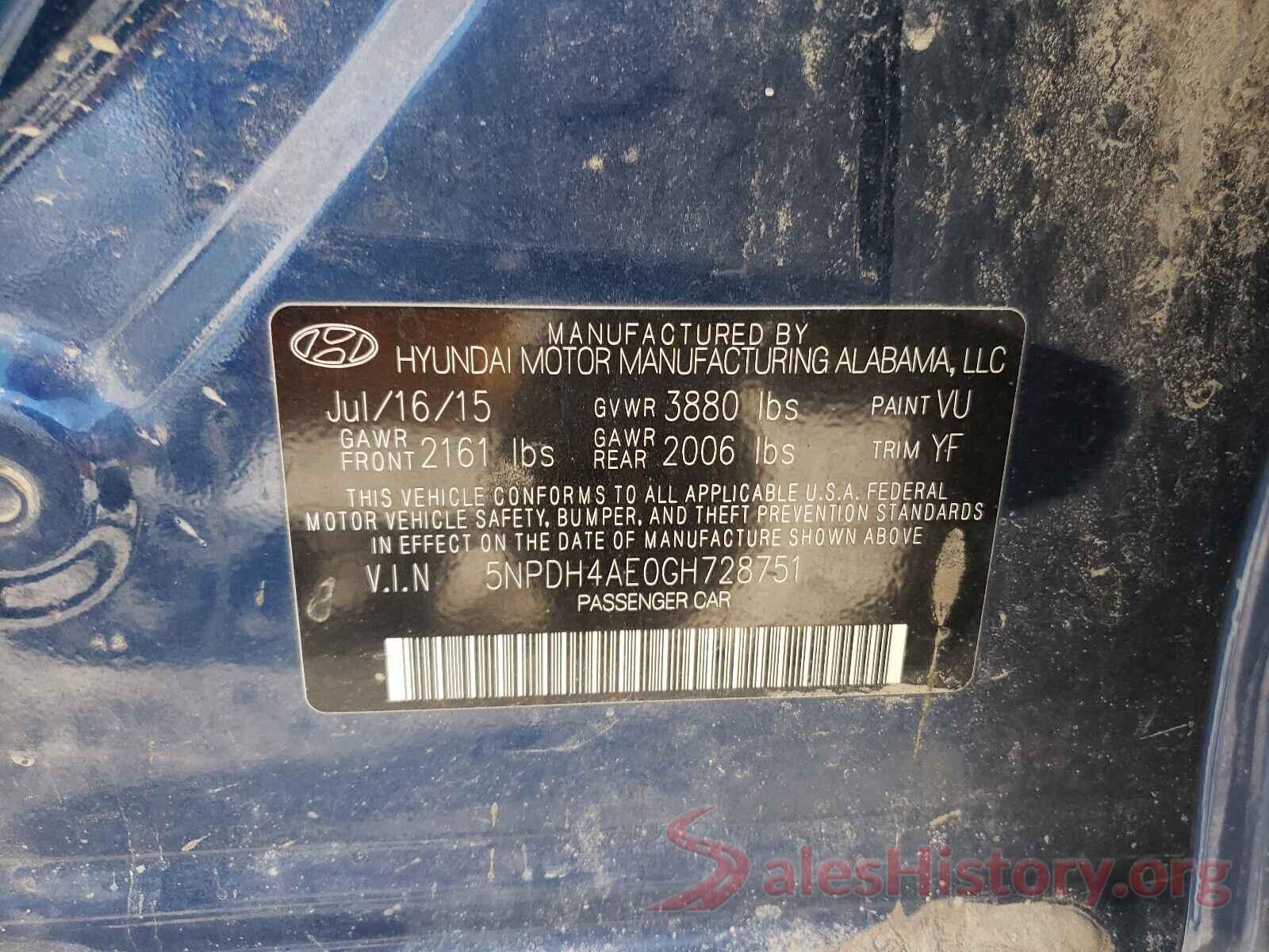 5NPDH4AE0GH728751 2016 HYUNDAI ELANTRA