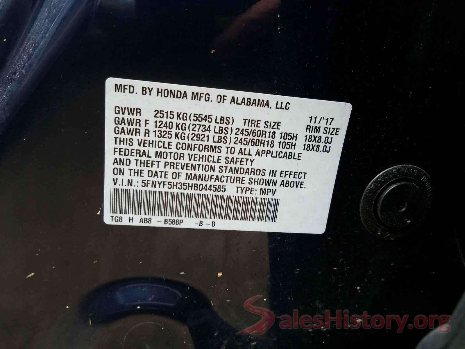 5FNYF5H35HB044585 2017 HONDA PILOT