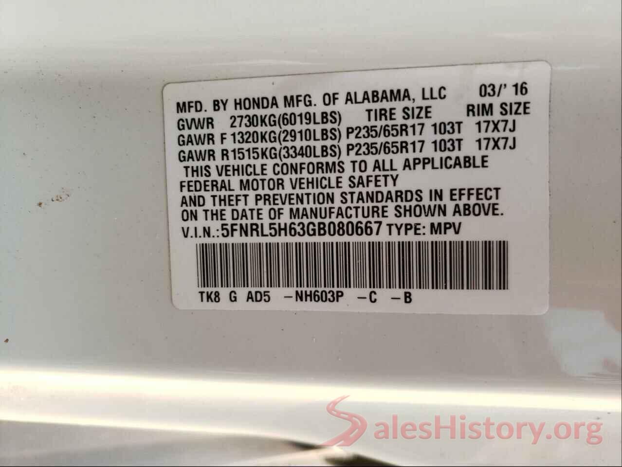 5FNRL5H63GB080667 2016 HONDA ODYSSEY