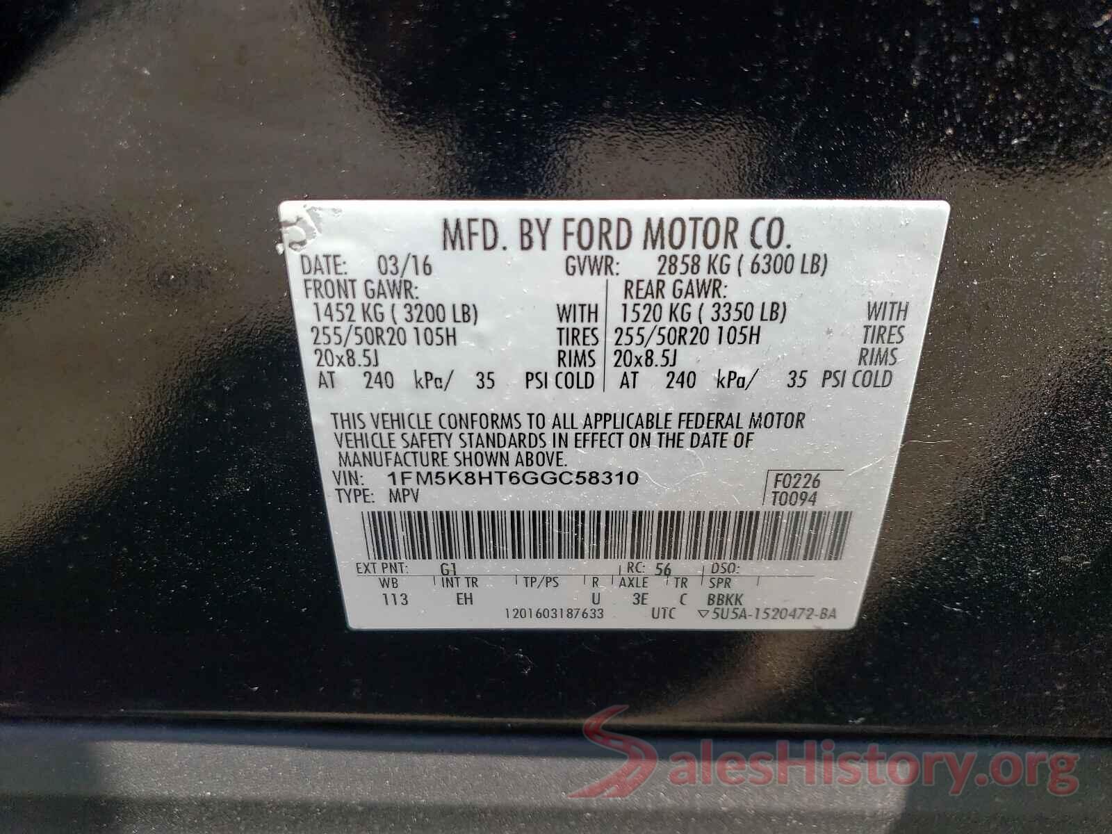 1FM5K8HT6GGC58310 2016 FORD EXPLORER