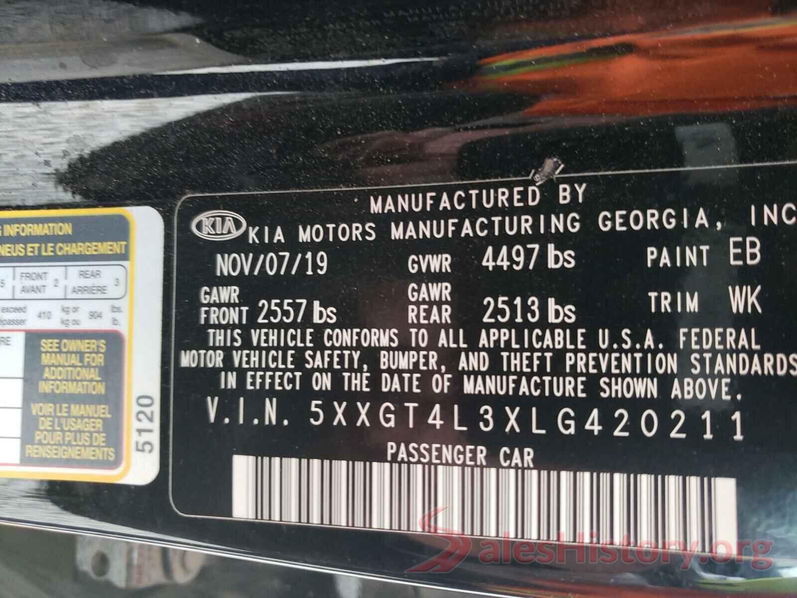 5XXGT4L3XLG420211 2020 KIA OPTIMA