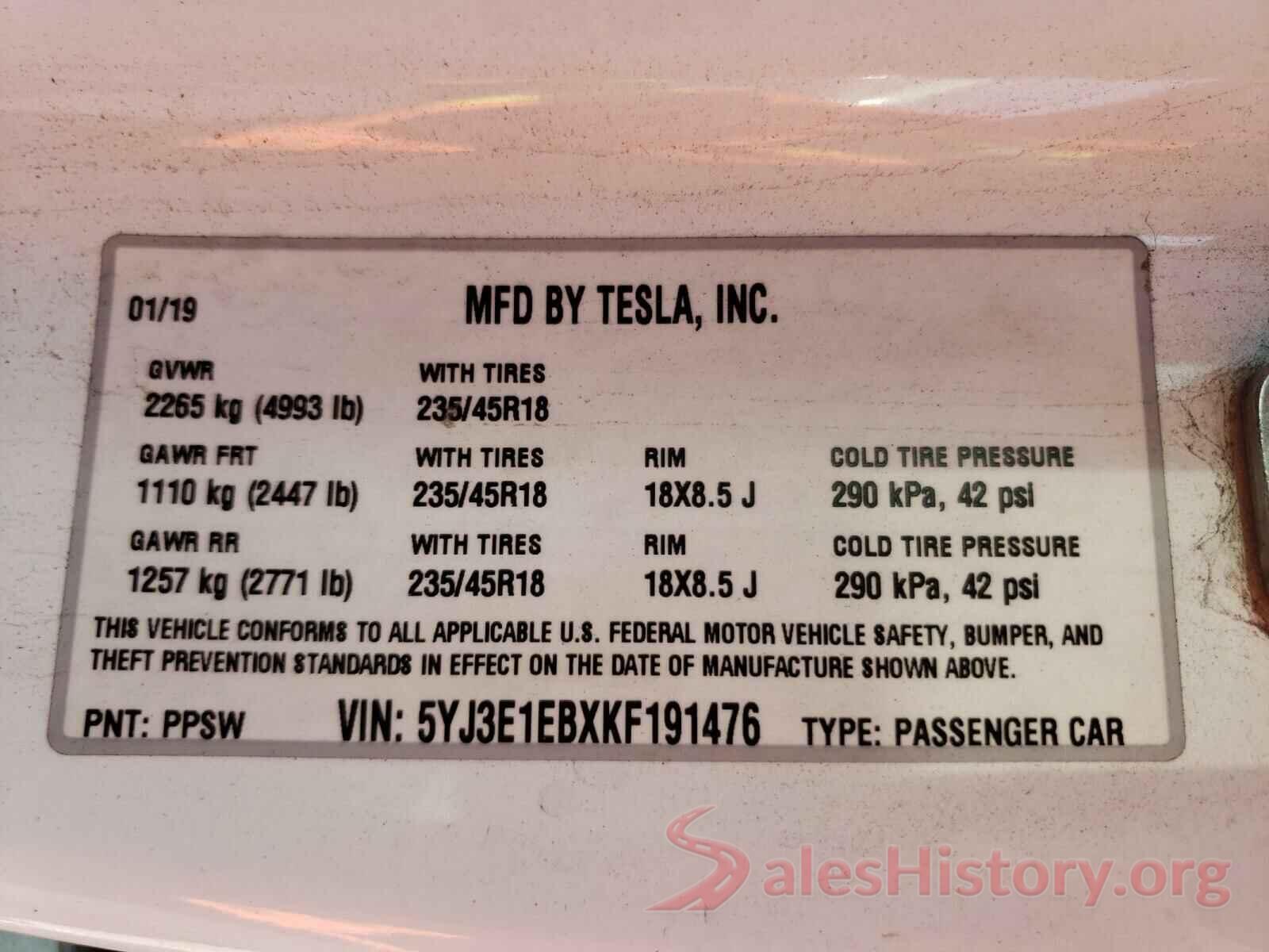 5YJ3E1EBXKF191476 2019 TESLA MODEL 3