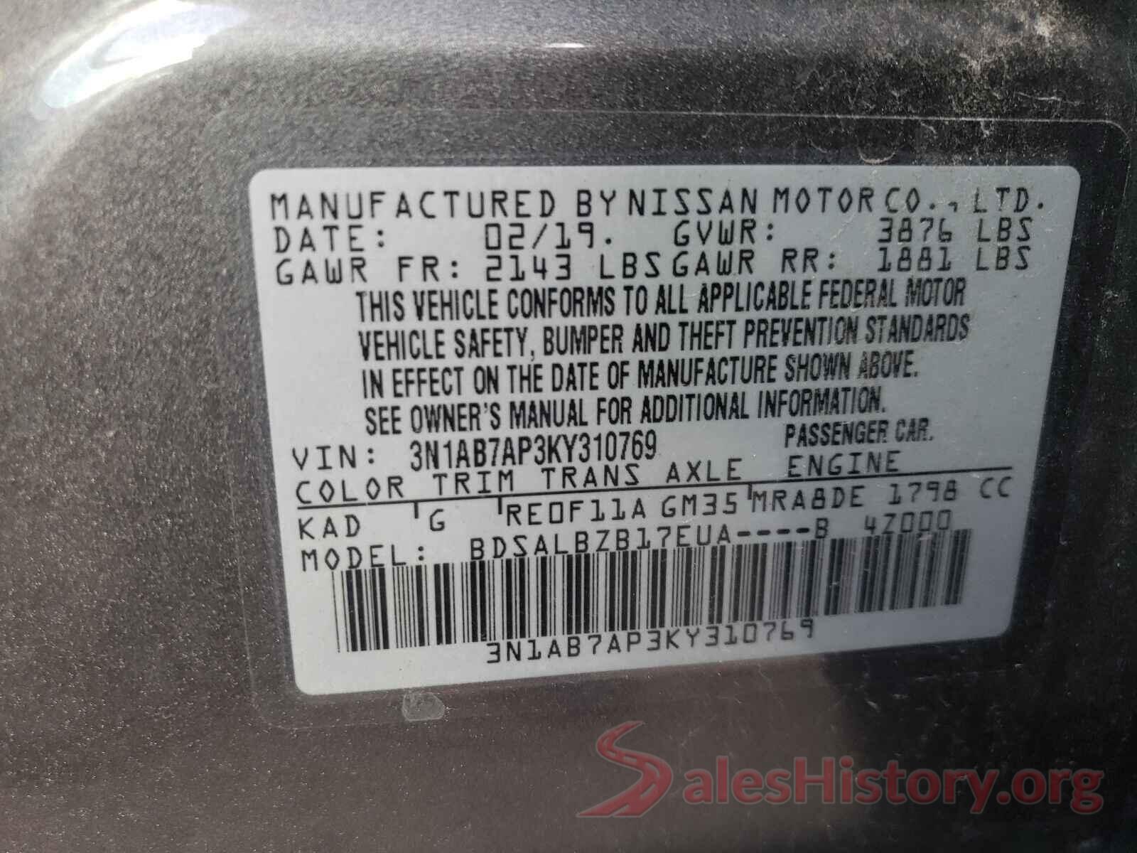 3N1AB7AP3KY310769 2019 NISSAN SENTRA