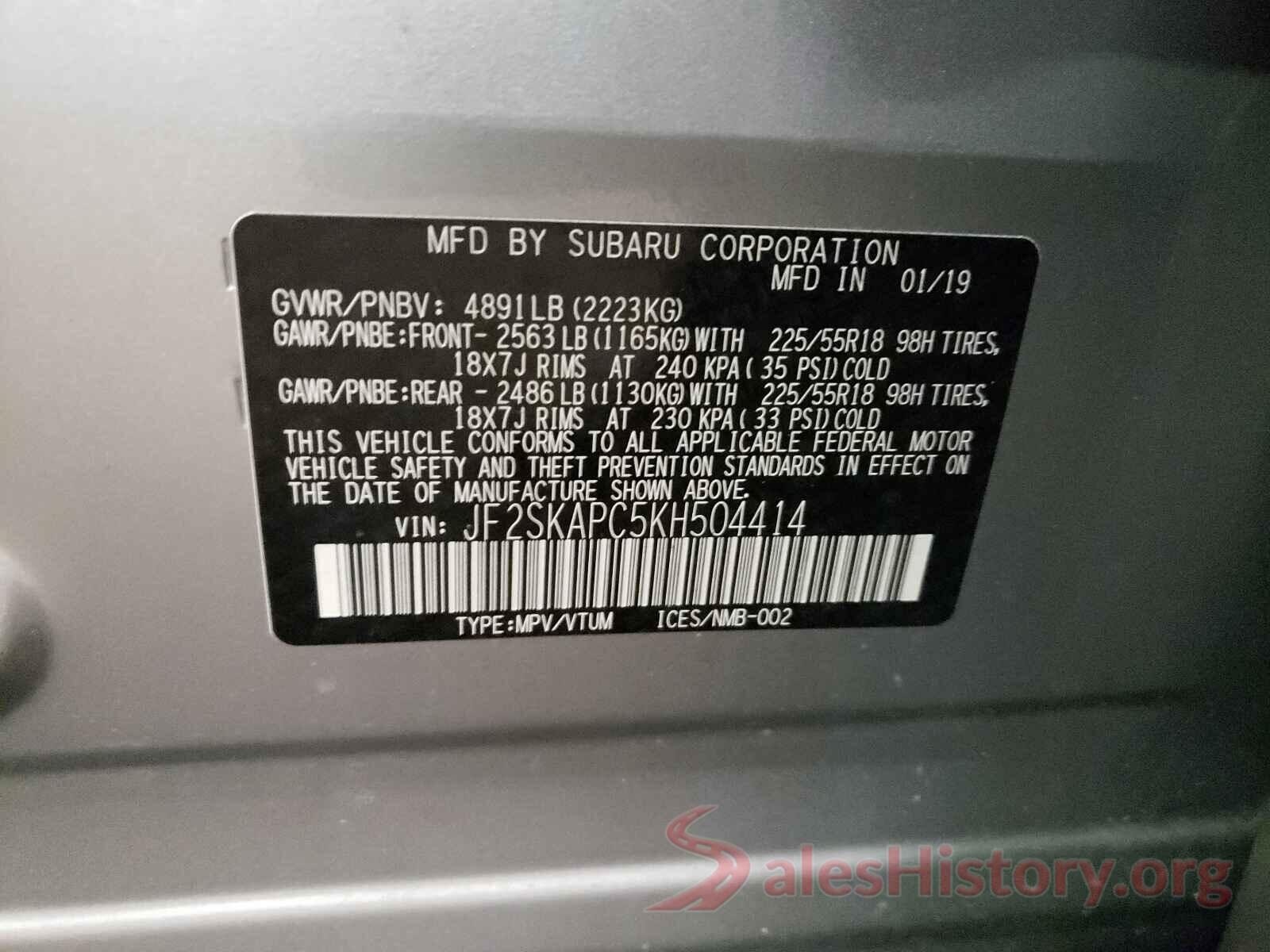 JF2SKAPC5KH504414 2019 SUBARU FORESTER