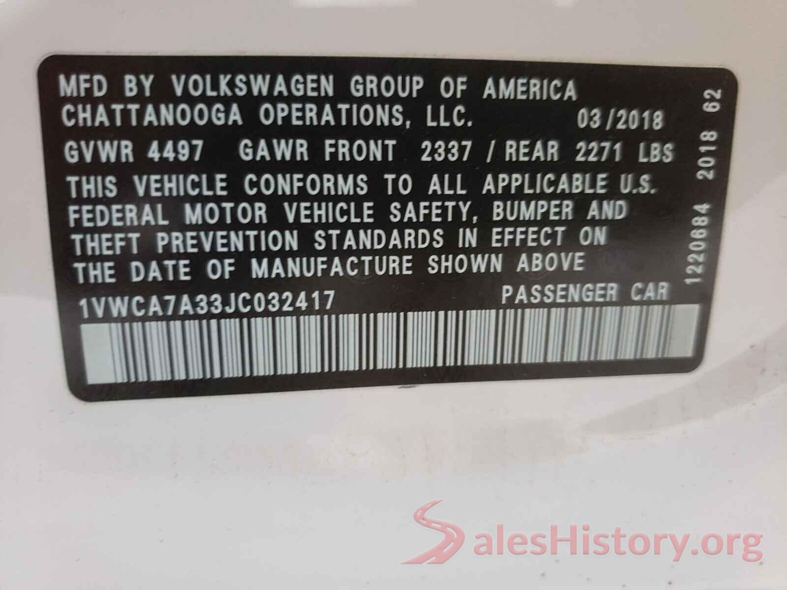 1VWCA7A33JC032417 2018 VOLKSWAGEN PASSAT