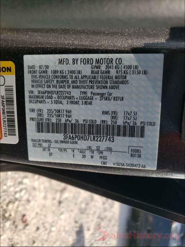 3FA6P0HD7LR227743 2020 FORD FUSION