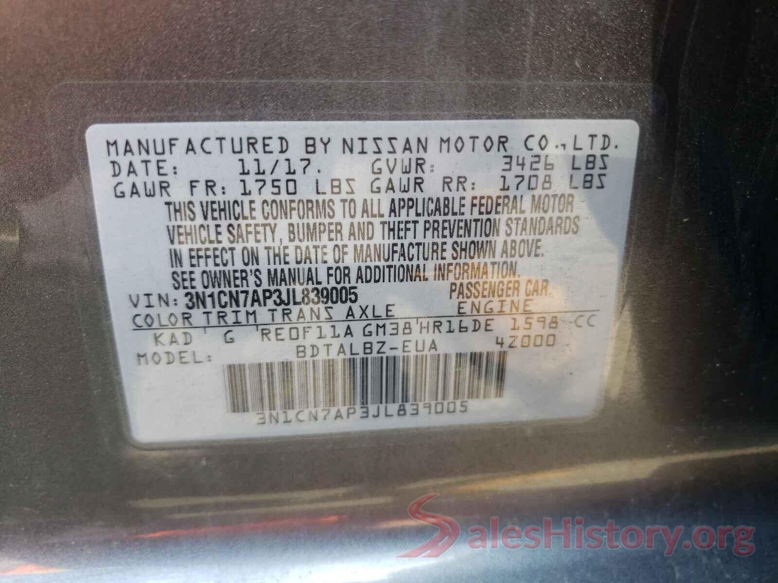 3N1CN7AP3JL839005 2018 NISSAN VERSA