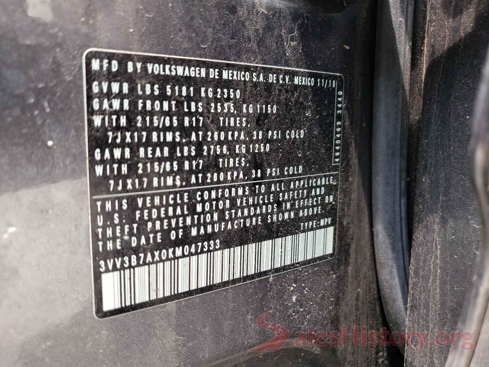 3VV3B7AX0KM047333 2019 VOLKSWAGEN TIGUAN