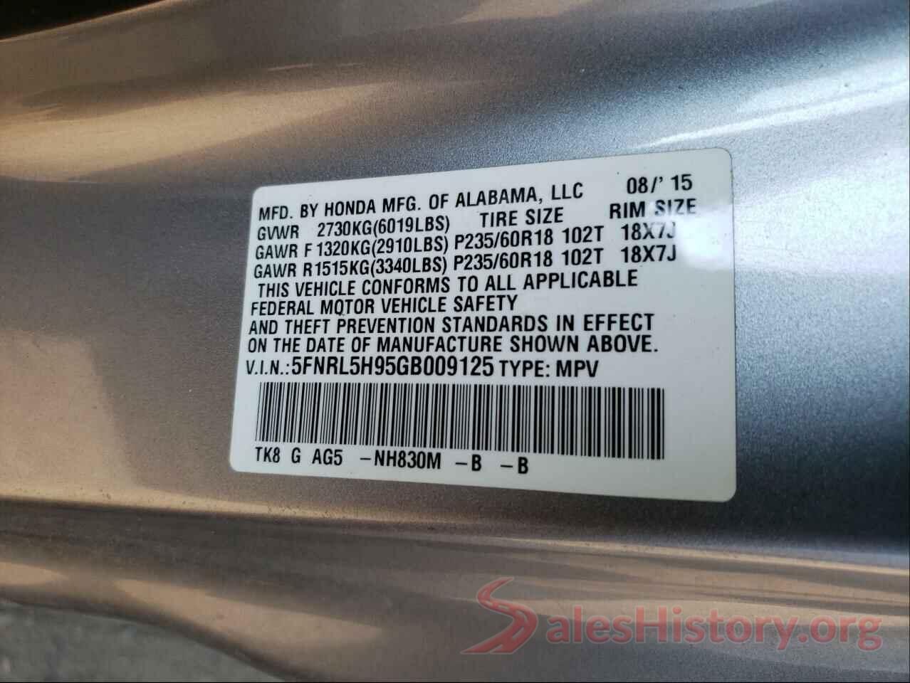 5FNRL5H95GB009125 2016 HONDA ODYSSEY