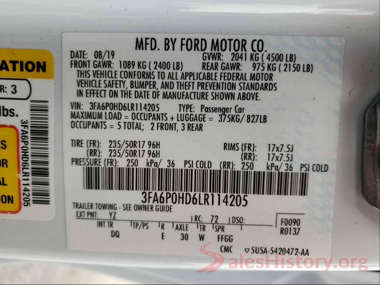 3FA6P0HD6LR114205 2020 FORD FUSION