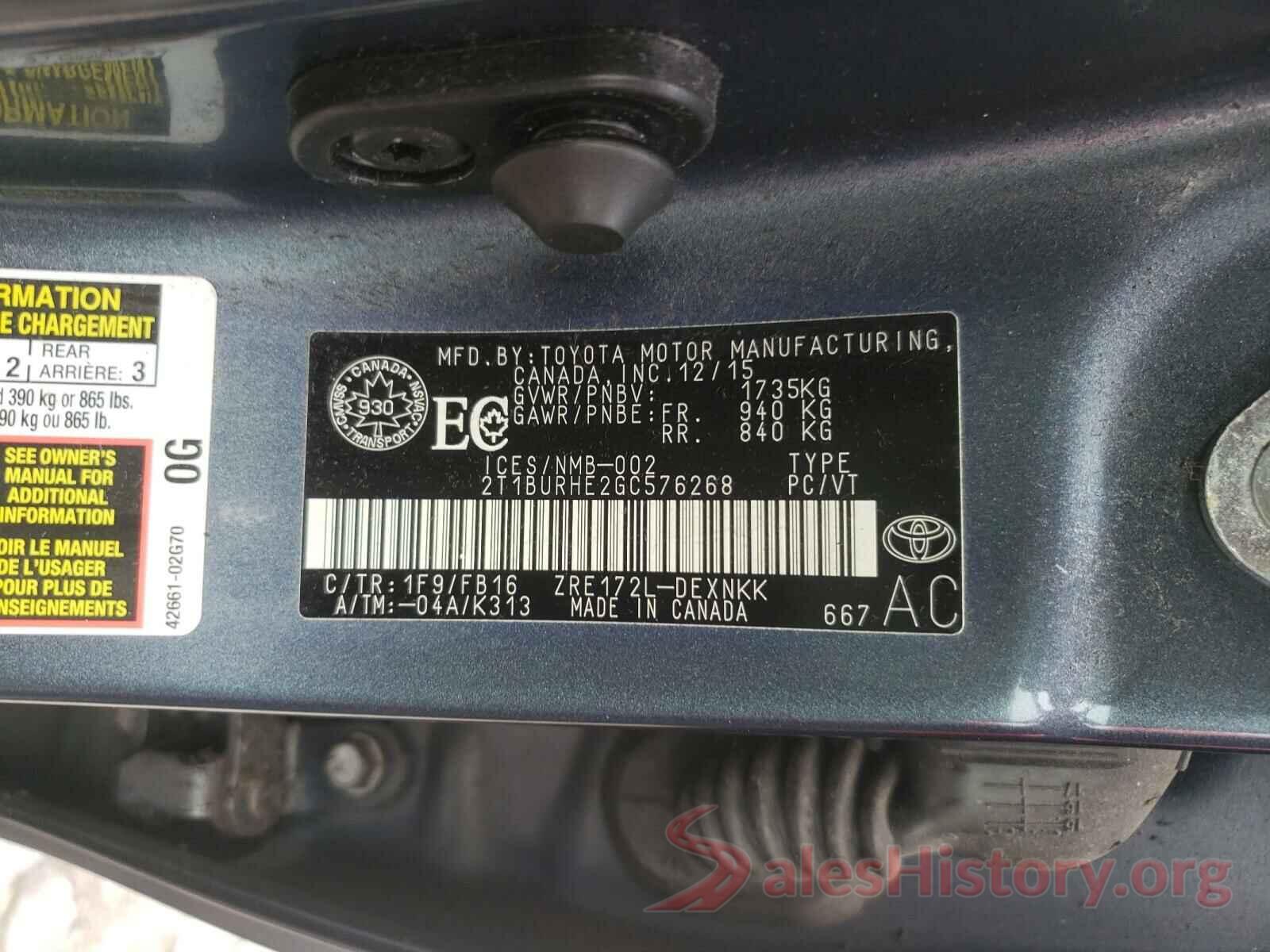 2T1BURHE2GC576268 2016 TOYOTA COROLLA