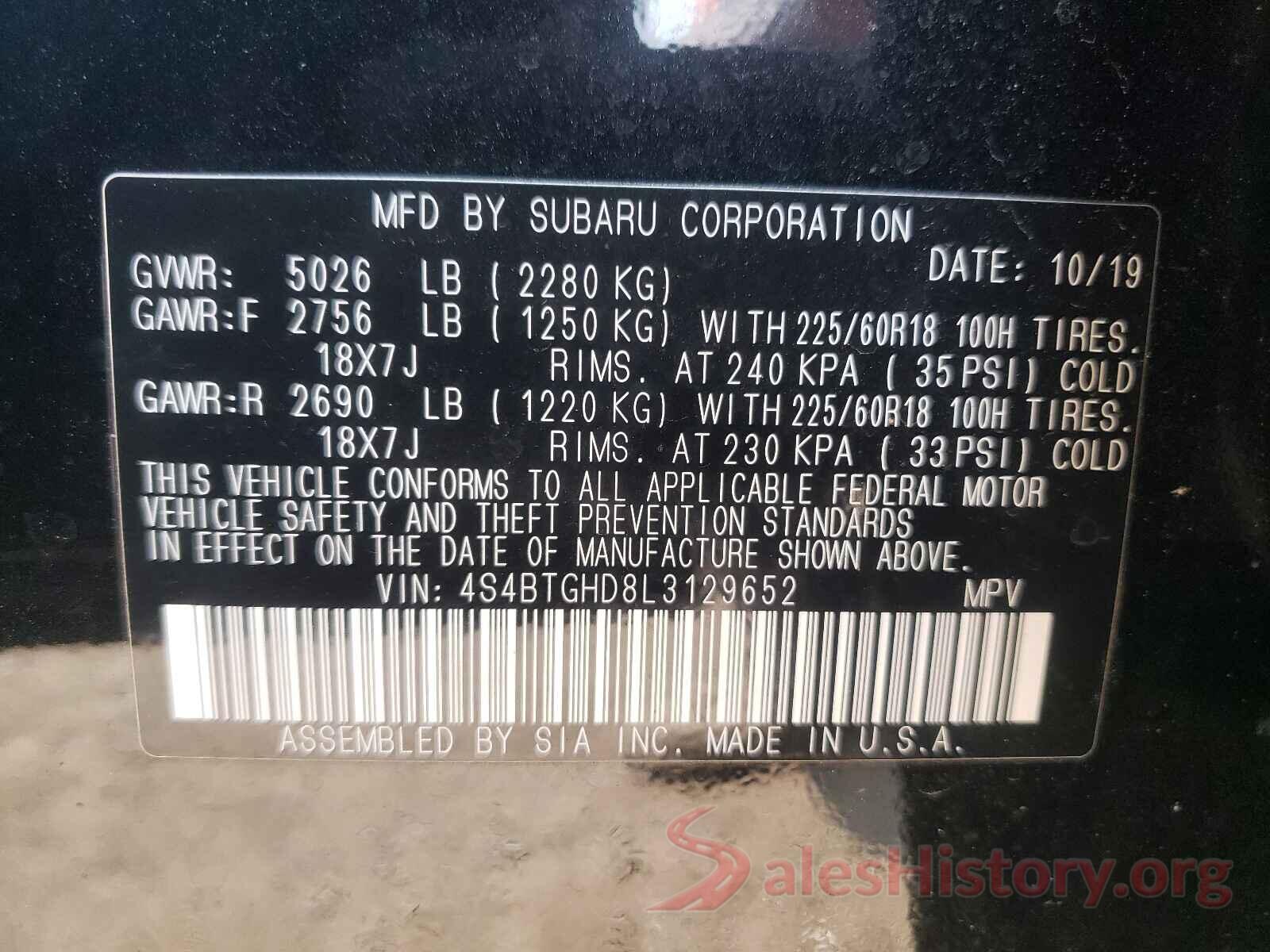 4S4BTGHD8L3129652 2020 SUBARU OUTBACK