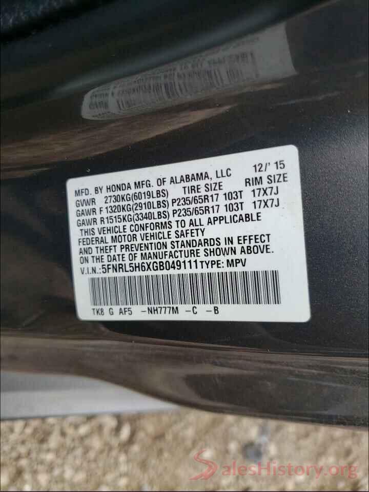 5FNRL5H6XGB049111 2016 HONDA ODYSSEY