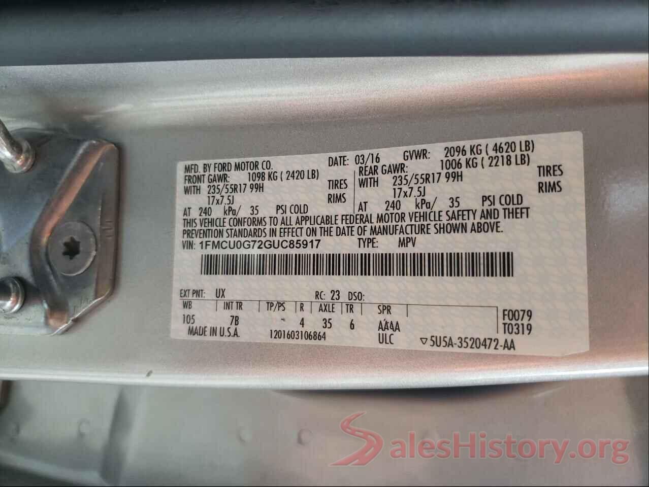 1FMCU0G72GUC85917 2016 FORD ESCAPE