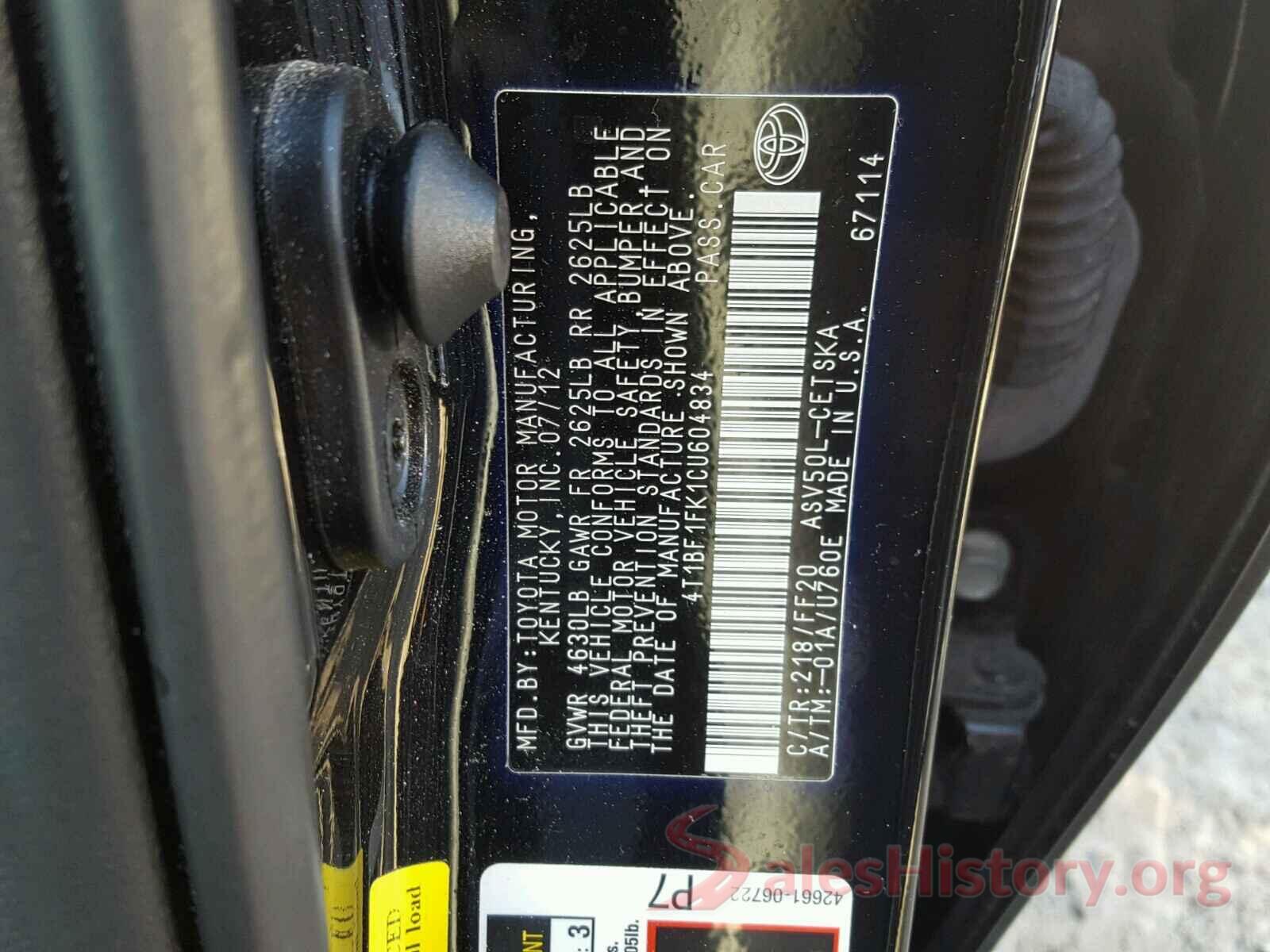 4T1BF1FK1CU604834 2012 TOYOTA CAMRY BASE