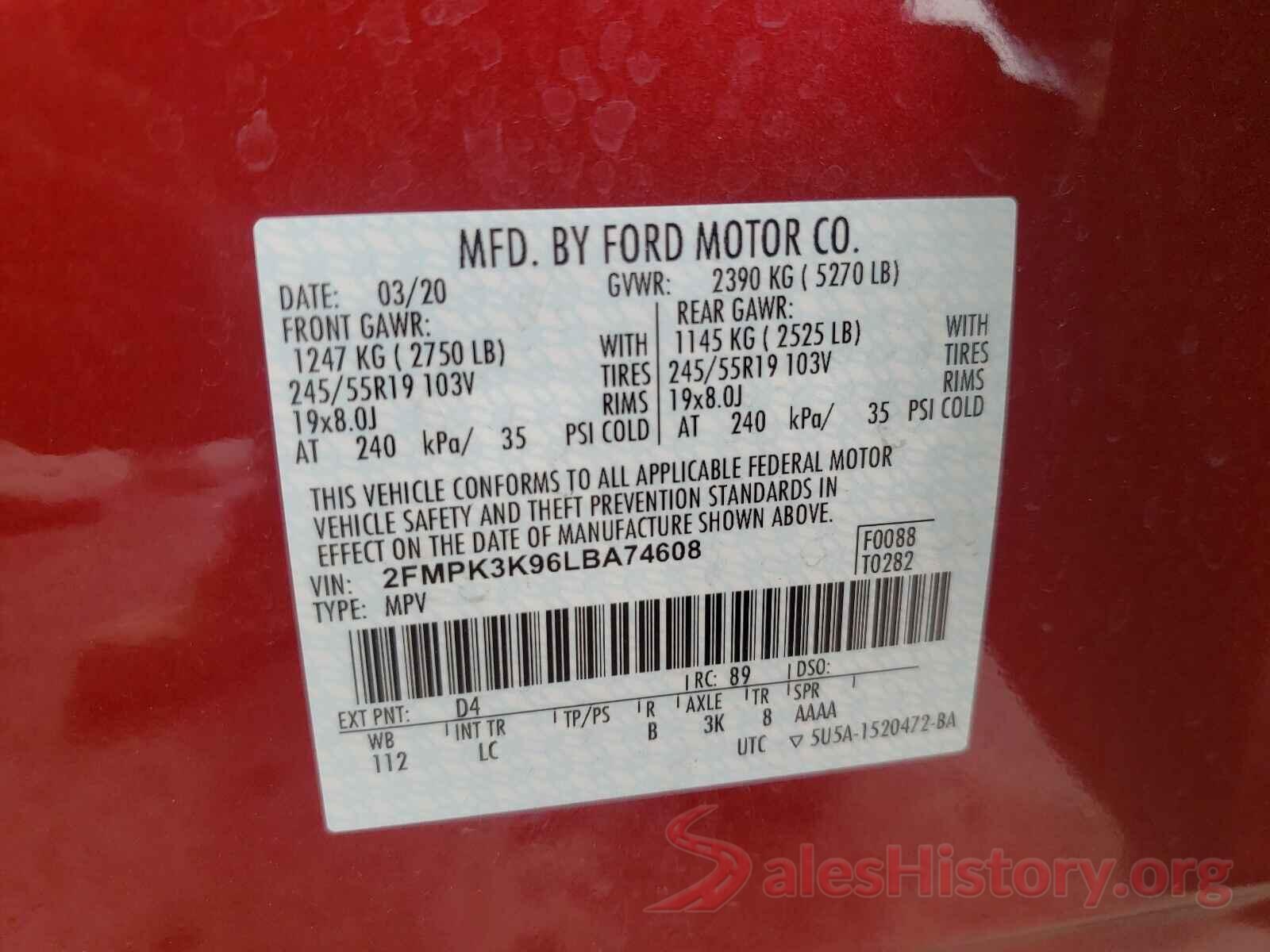 2FMPK3K96LBA74608 2020 FORD EDGE