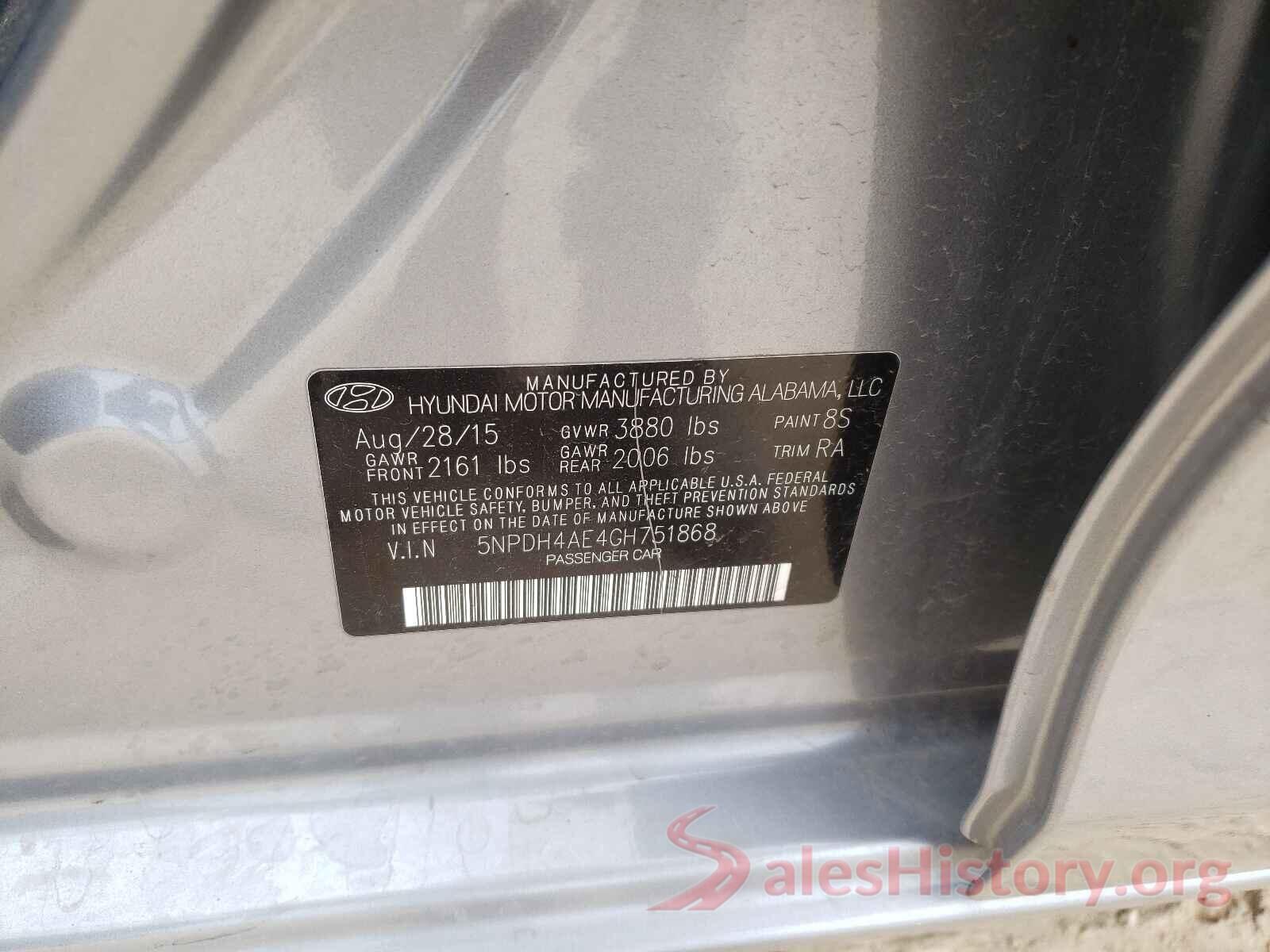 5NPDH4AE4GH751868 2016 HYUNDAI ELANTRA