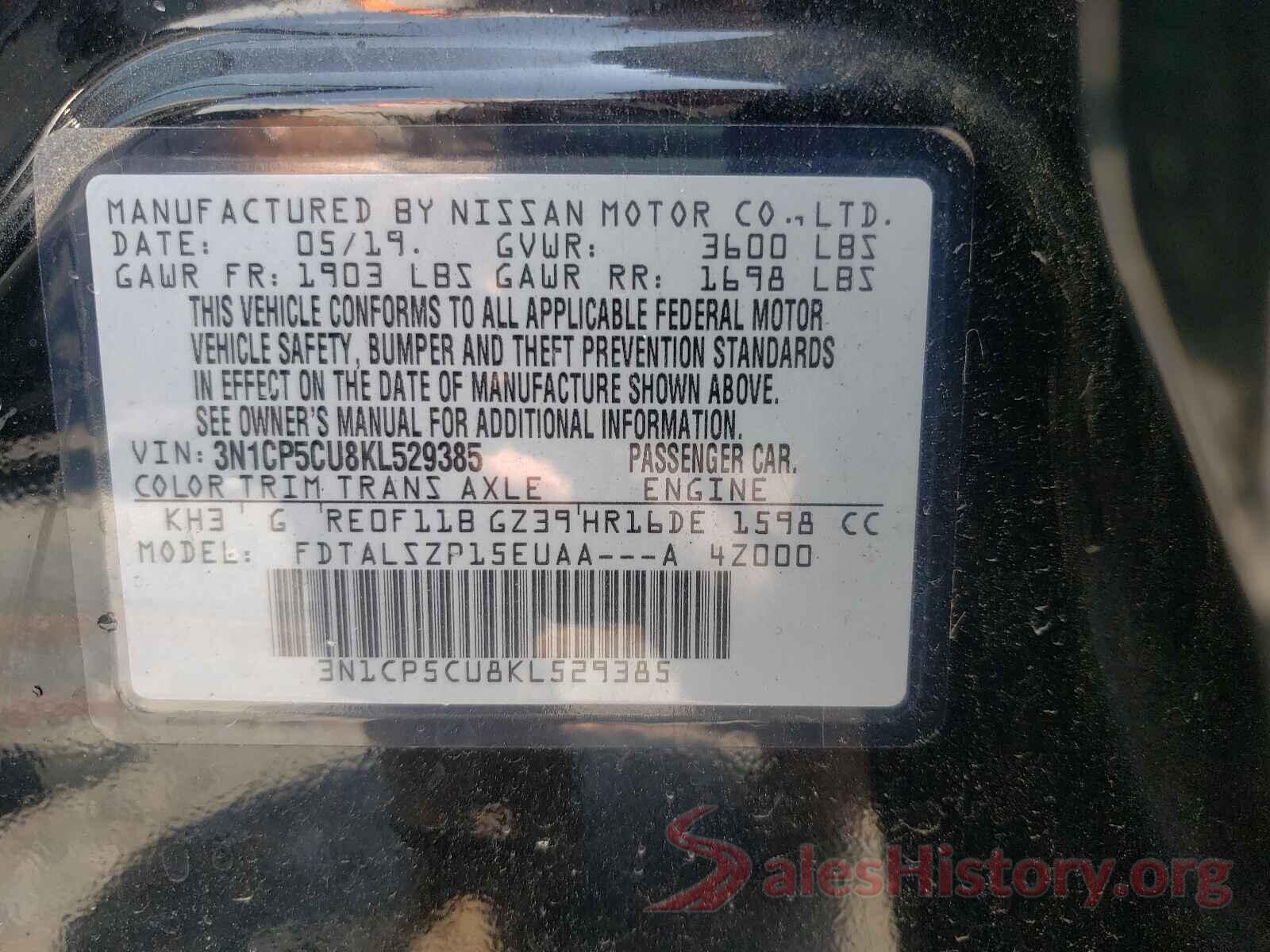 3N1CP5CU8KL529385 2019 NISSAN KICKS