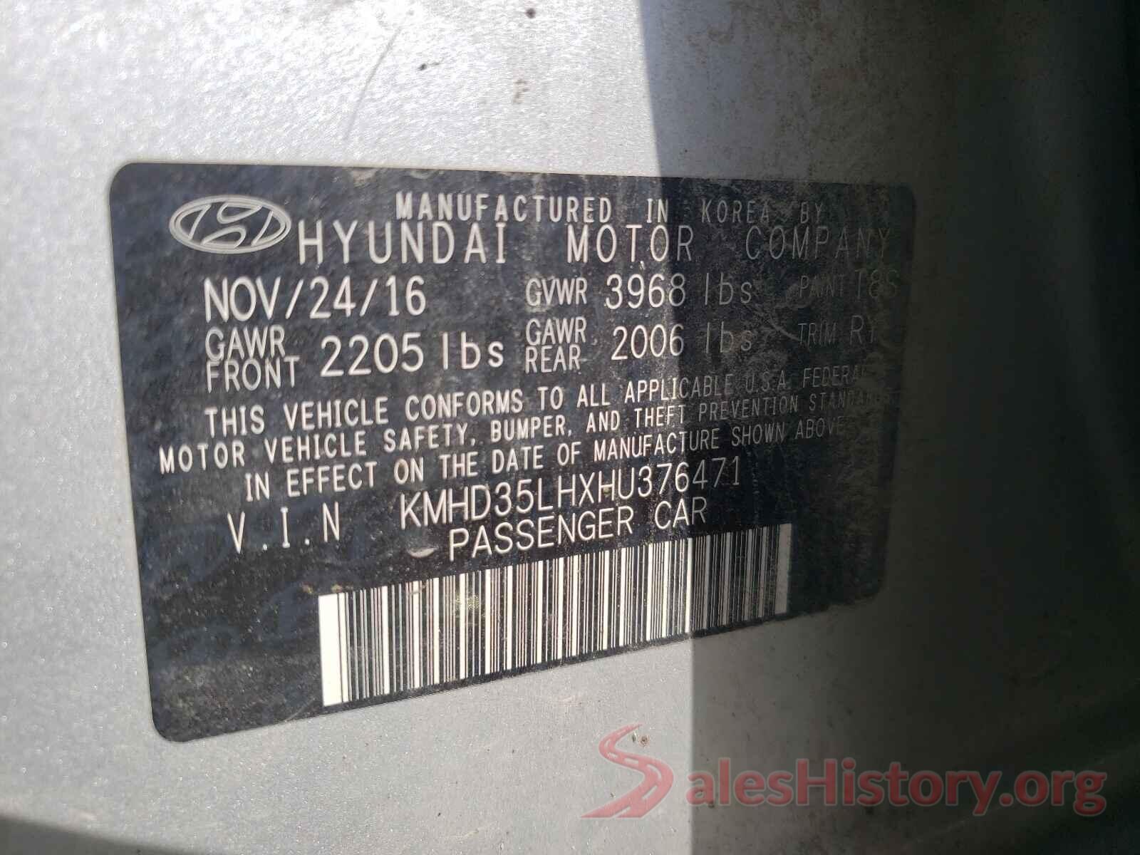 KMHD35LHXHU376471 2017 HYUNDAI ELANTRA