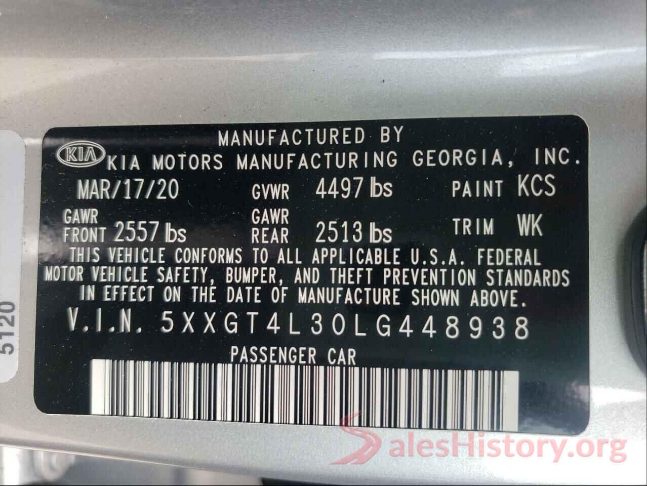 5XXGT4L30LG448938 2020 KIA OPTIMA