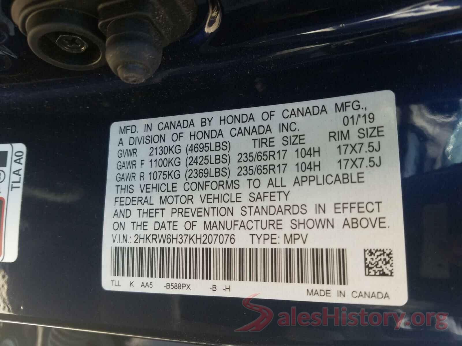 2HKRW6H37KH207076 2019 HONDA CRV