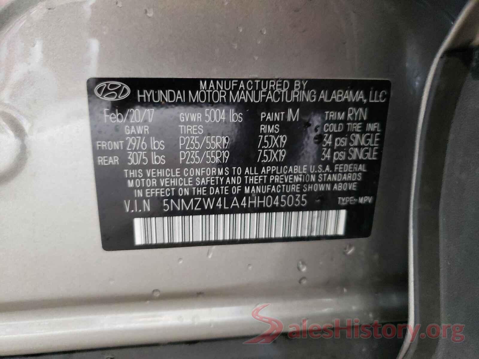 5NMZW4LA4HH045035 2017 HYUNDAI SANTA FE