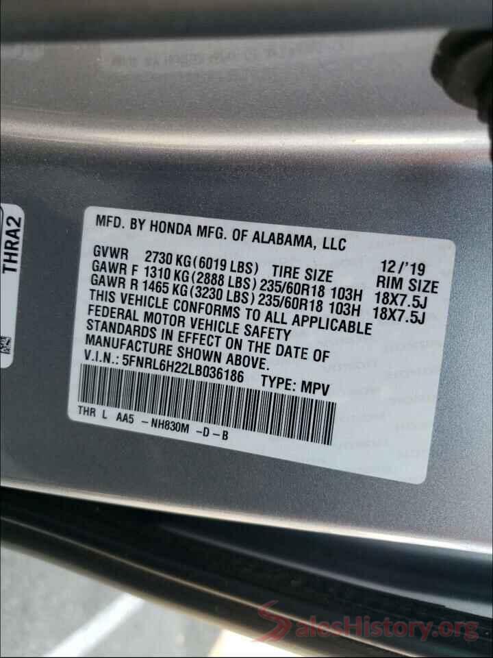 5FNRL6H22LB036186 2020 HONDA ODYSSEY