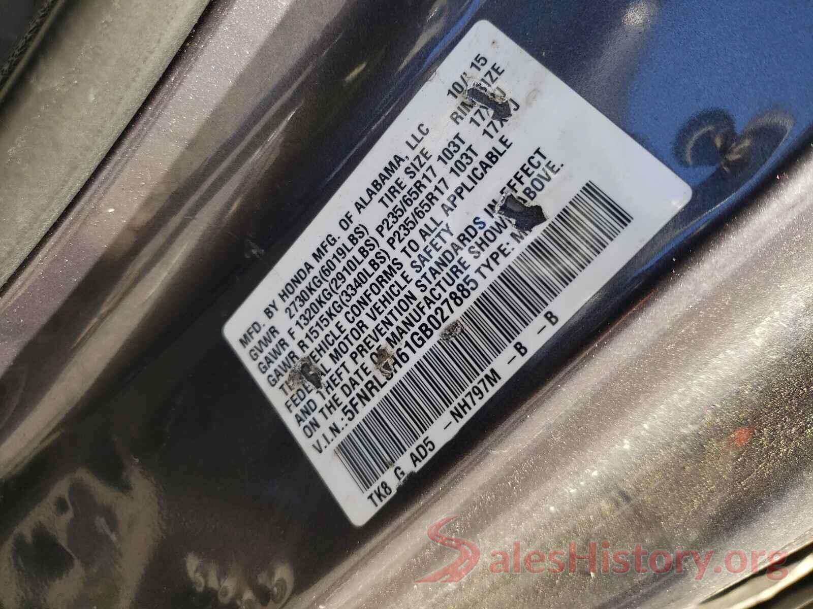 5FNRL5H61GB027885 2016 HONDA ODYSSEY