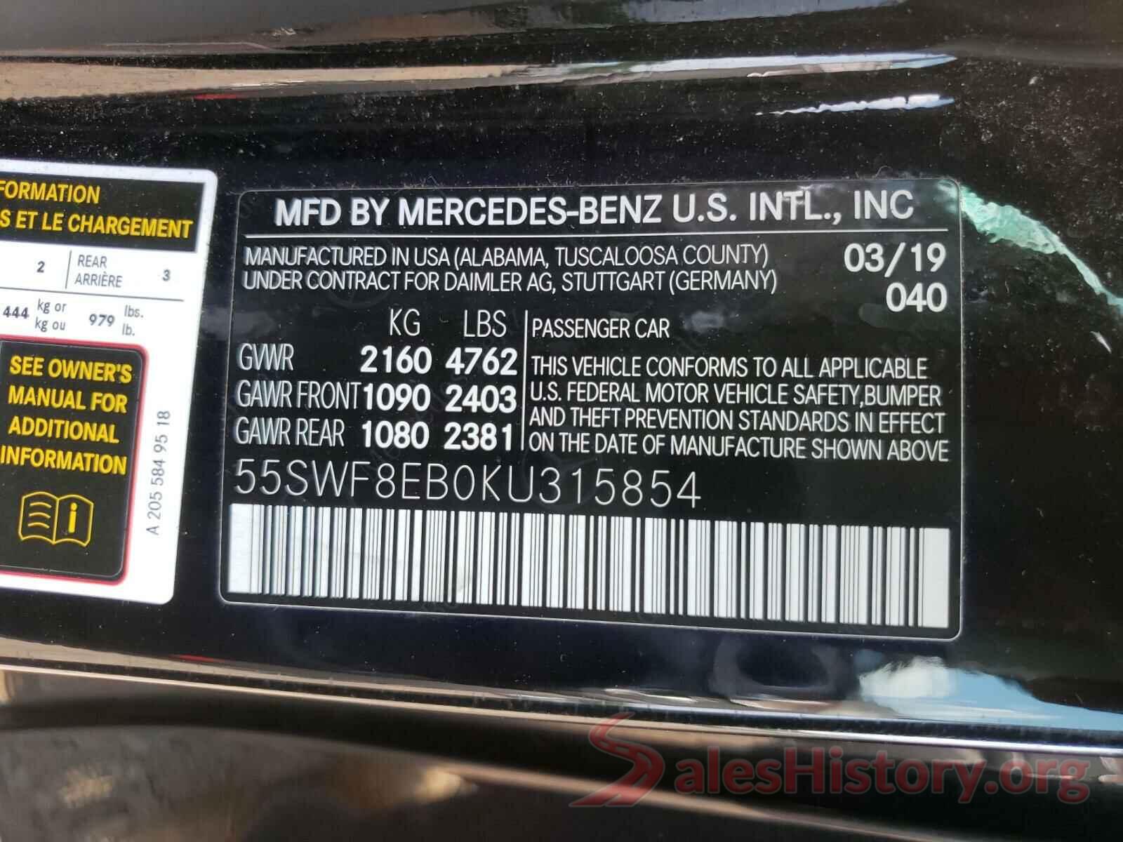 55SWF8EB0KU315854 2019 MERCEDES-BENZ C CLASS