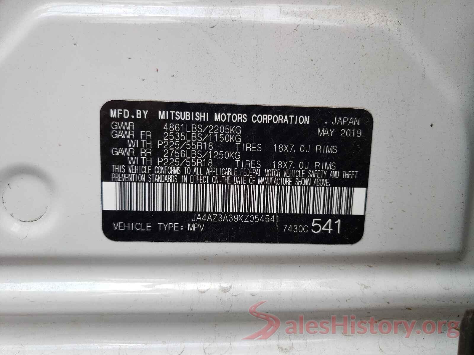 JA4AZ3A39KZ054541 2019 MITSUBISHI OUTLANDER