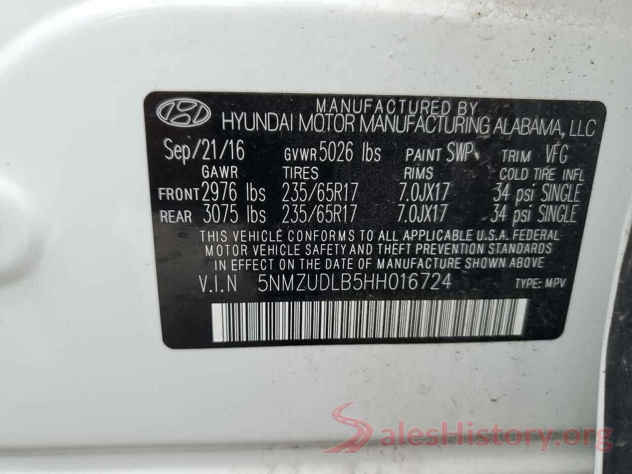 5NMZUDLB5HH016724 2017 HYUNDAI SANTA FE