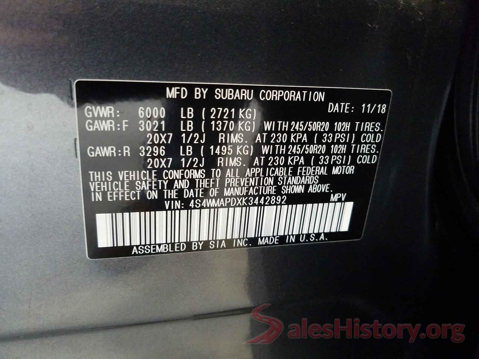 4S4WMAPDXK3442892 2019 SUBARU ASCENT