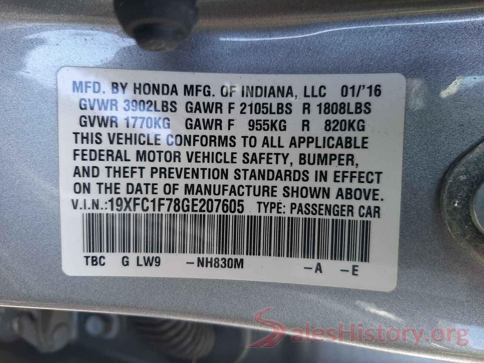 19XFC1F78GE207605 2016 HONDA CIVIC