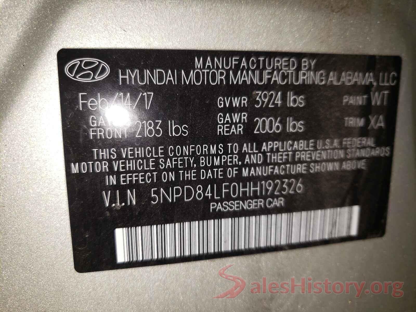 5NPD84LF0HH192326 2017 HYUNDAI ELANTRA