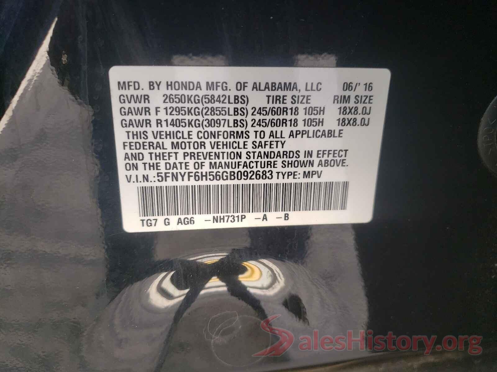 5FNYF6H56GB092683 2016 HONDA PILOT