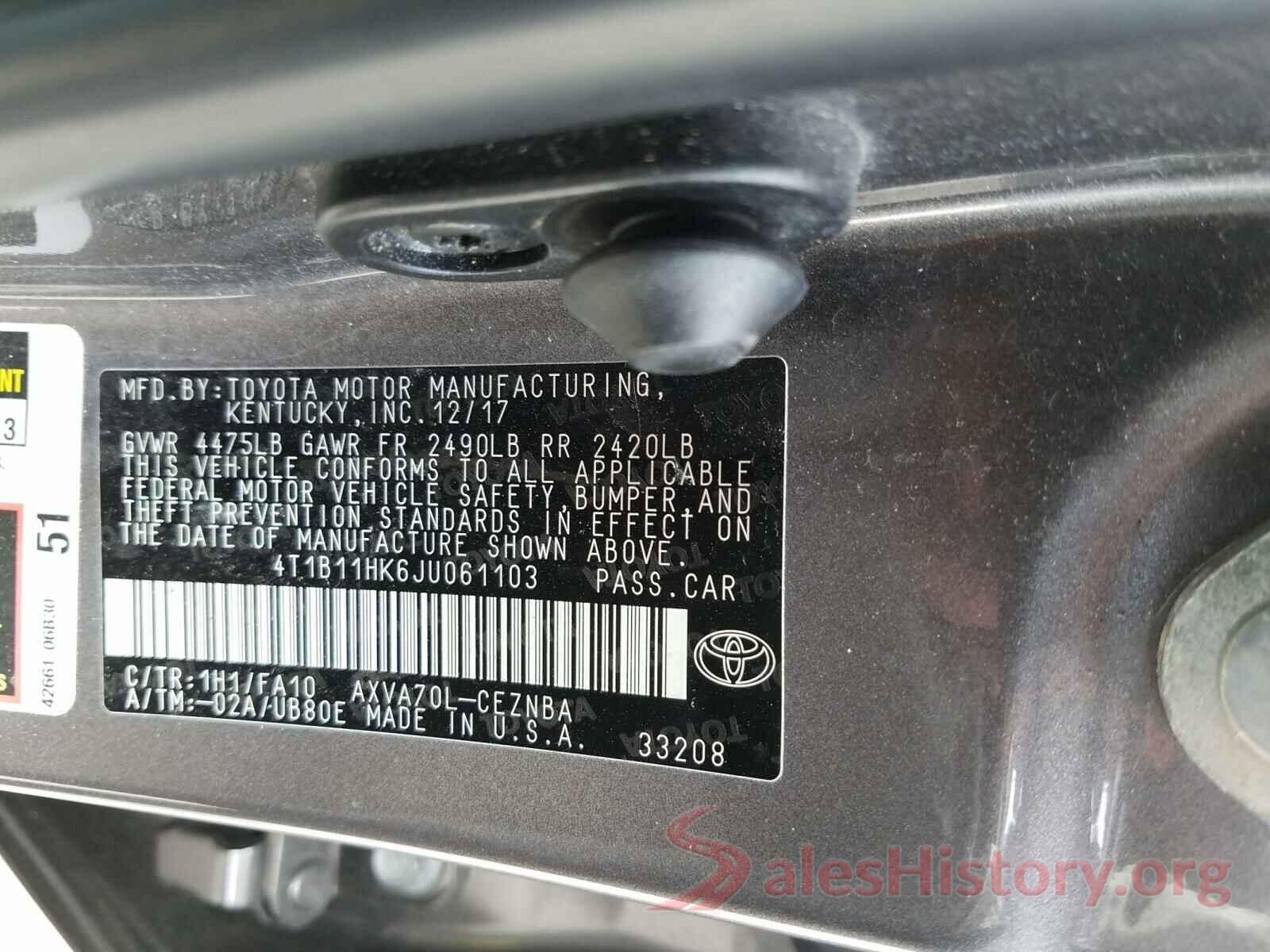 4T1B11HK6JU061103 2018 TOYOTA CAMRY