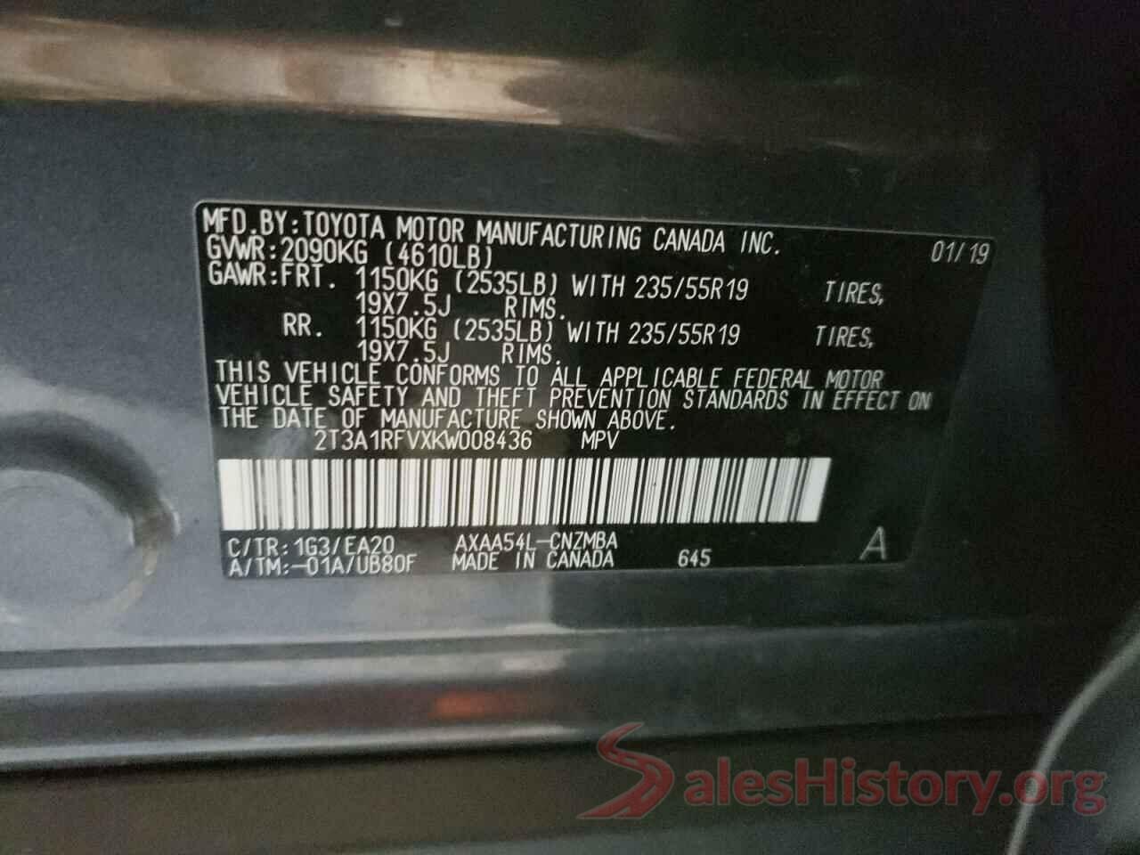 2T3A1RFVXKW008436 2019 TOYOTA RAV4