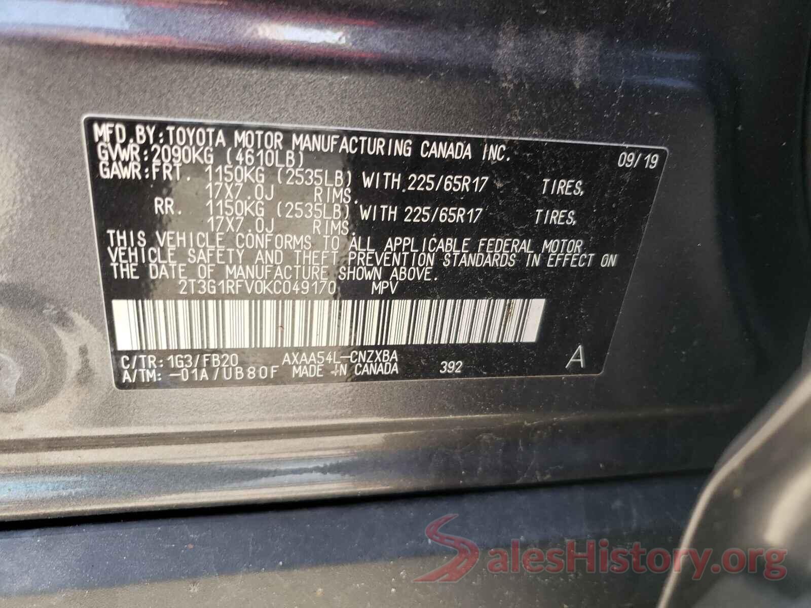 2T3G1RFV0KC049170 2019 TOYOTA RAV4