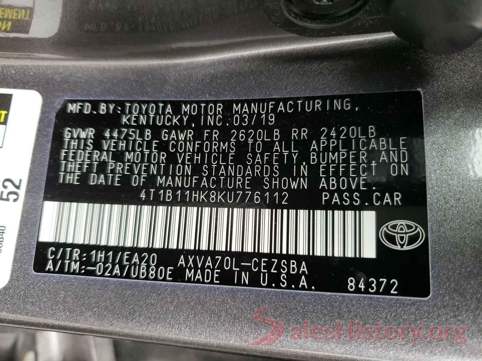 4T1B11HK8KU776112 2019 TOYOTA CAMRY