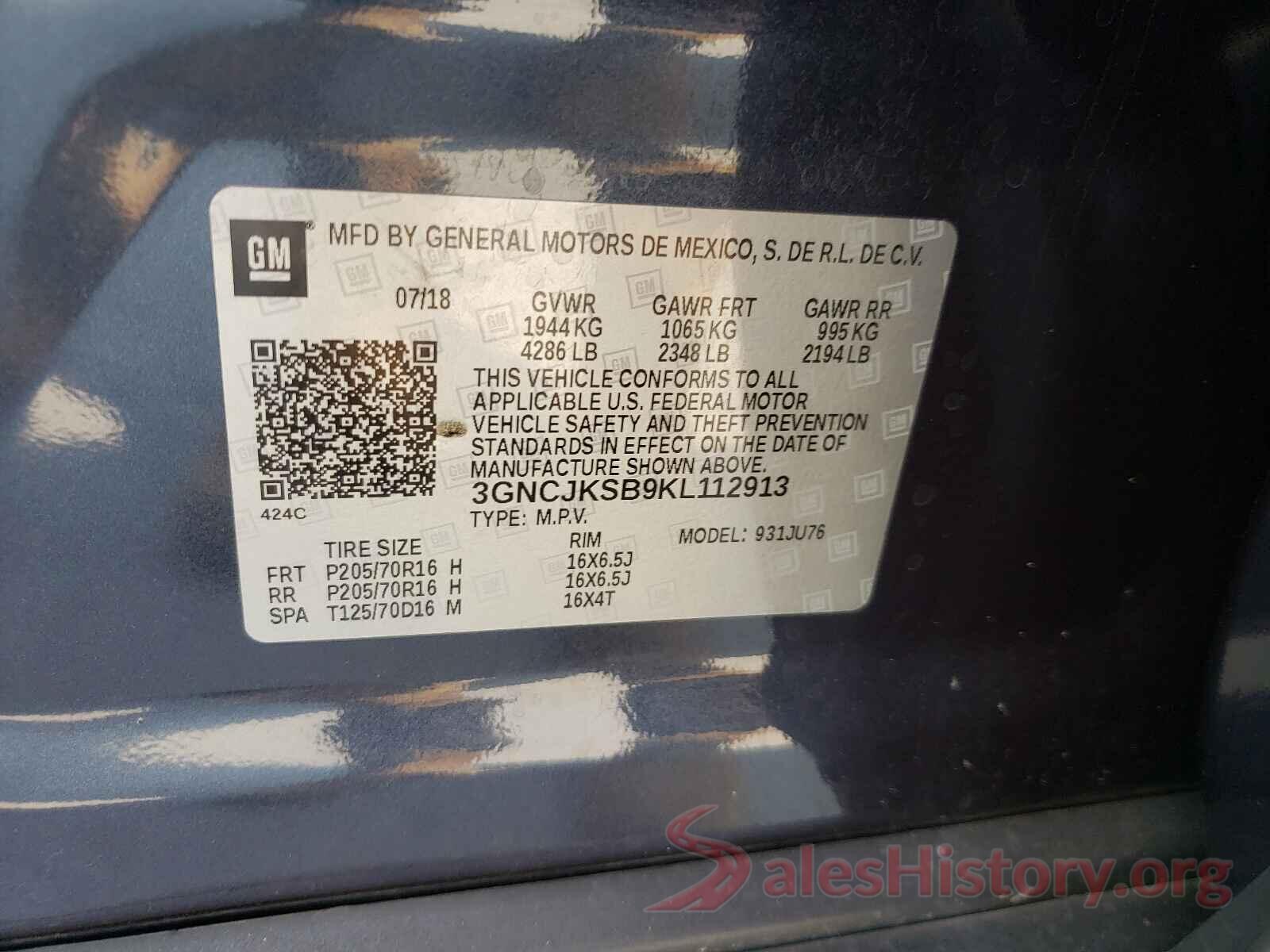 3GNCJKSB9KL112913 2019 CHEVROLET TRAX