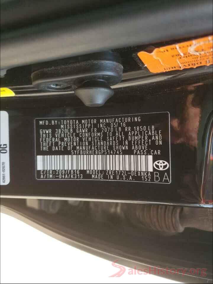 5YFBURHE8GP514745 2016 TOYOTA COROLLA