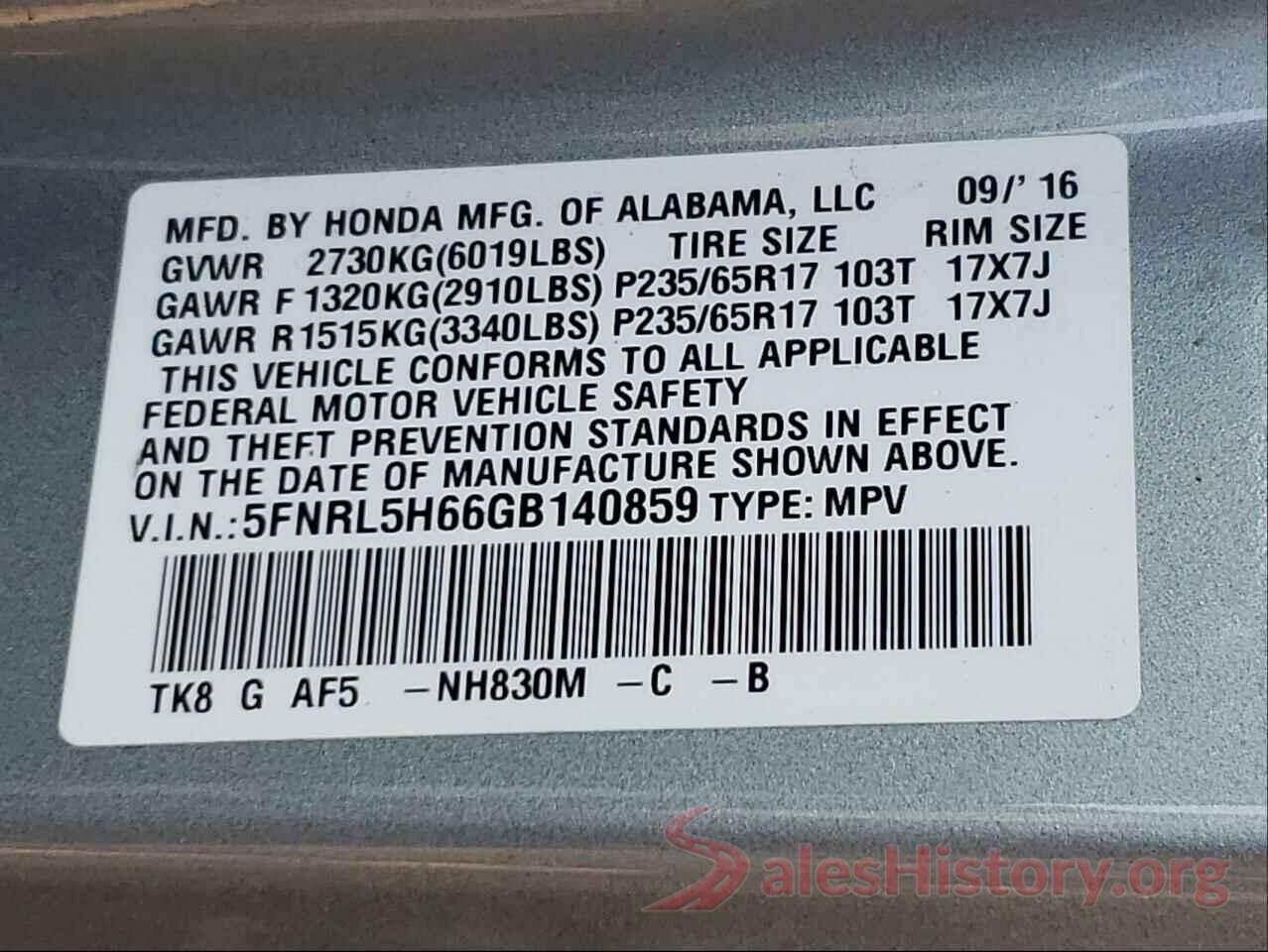 5FNRL5H66GB140859 2016 HONDA ODYSSEY